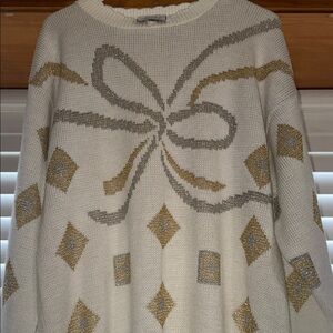 Mondala Vintage 80s Metallic Gold & Silver Bow Knit Sweater - Made in USA